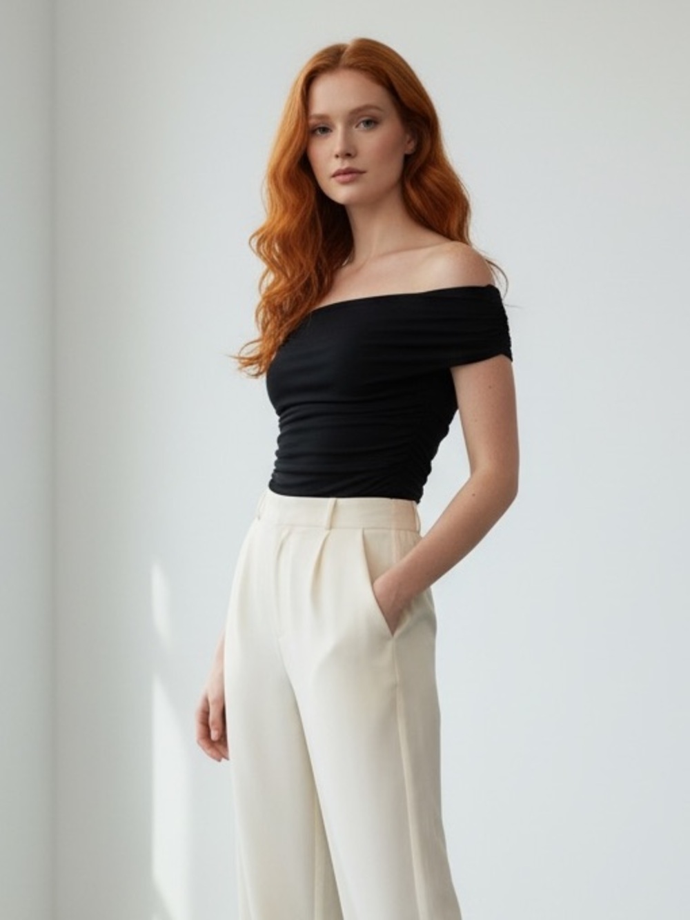 1311 • Black Cool Mesh Lined Ruched Off Shoulder Top